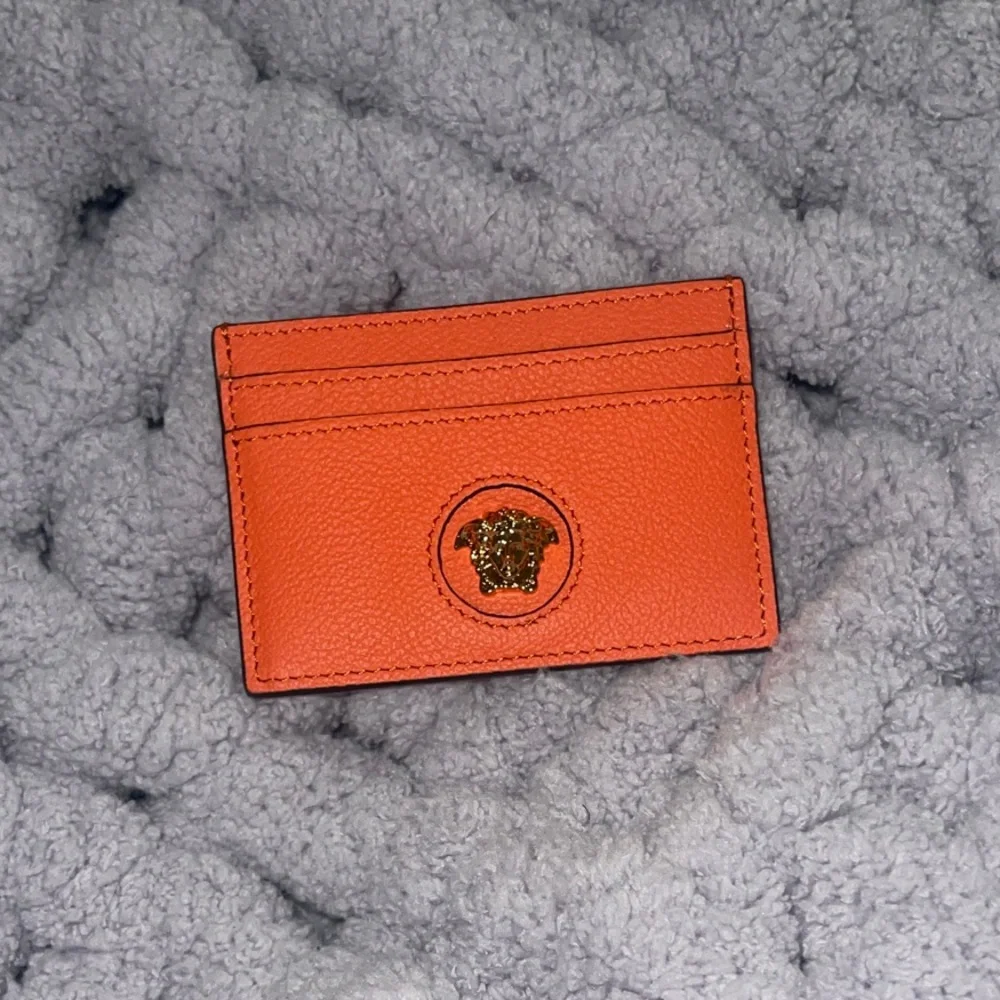 Versace Orange Card Holder w/ Gold Medusa Head
